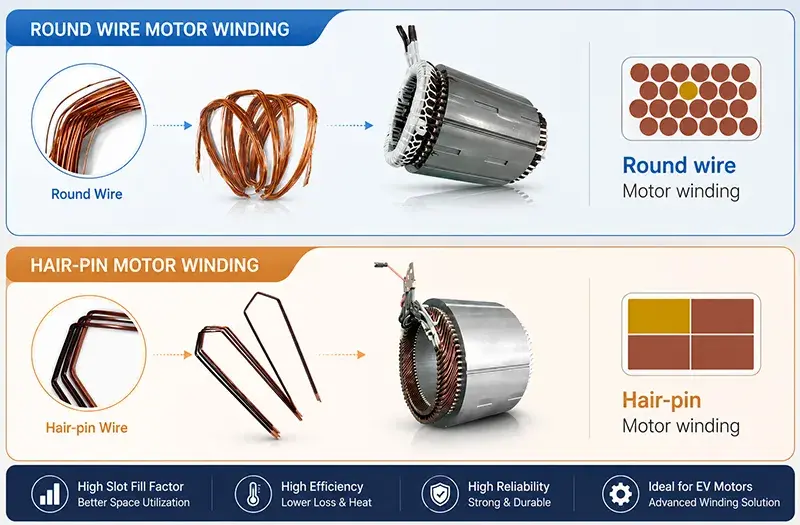 traditional round winding wire vs Hairpin Motor Flat Winding Wire